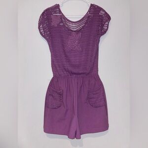 1980S 50S Style Purple Netted Overlay Tank Romper Floral Appliqué